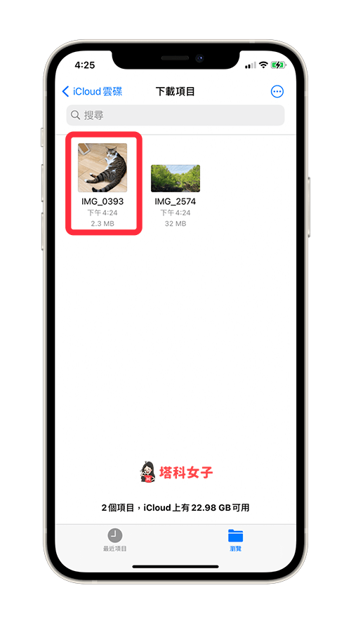 照片和影片从「档案 app」转存到「照片 app」：点选档案内的照片