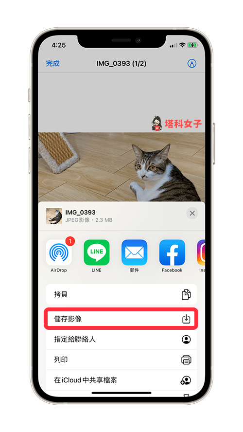 照片和影片从「档案 app」转存到「照片 app」：点选储存影像